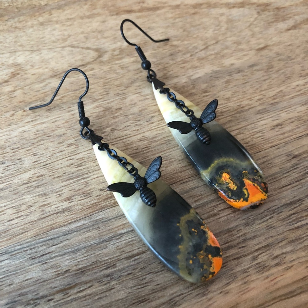 Bumblebee Jasper Earrings Bee Charms and Black Ear Wires